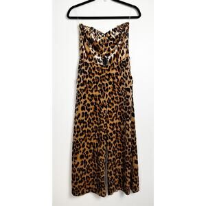 Etiquette Leopard Print Velour Jumpsuit Strapless Cut Out Brown Wide Leg XS S M